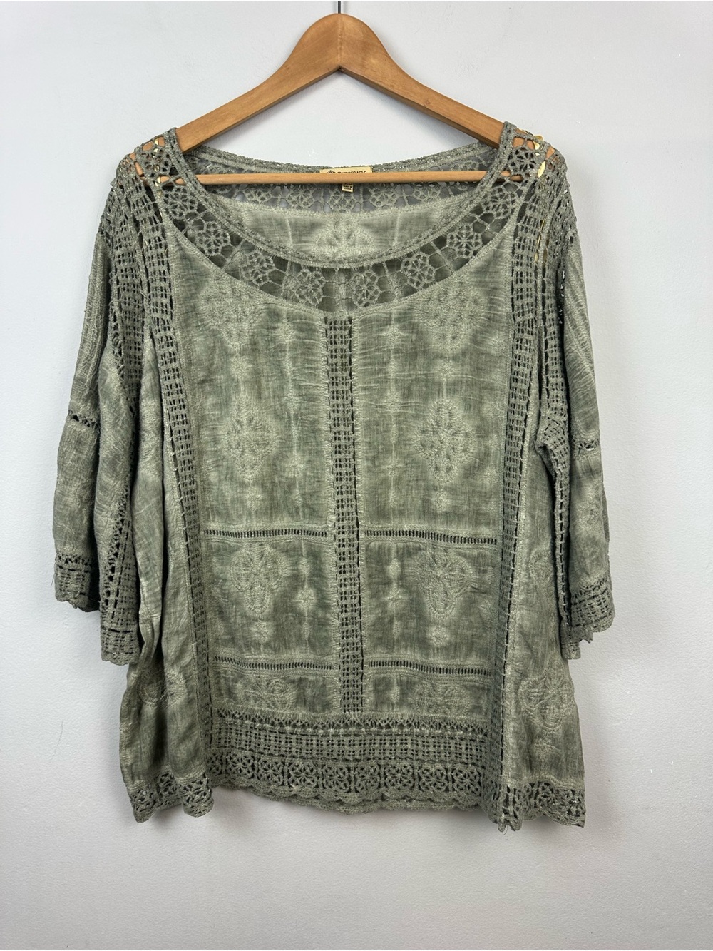 Democracy Crochet Trim Embroidered Boho Top 3/4 Bell Sleeve Mineral Wash Olive